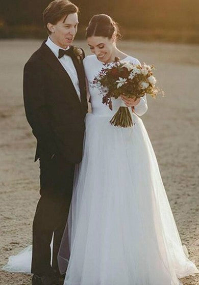 Skromné krajkové dlouhé rukávy elegantní přiléhavé tylové svatební šaty