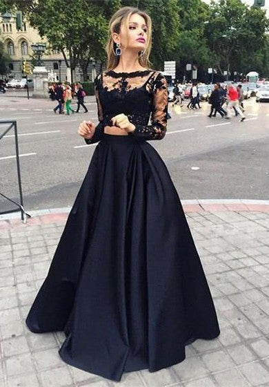 Ball Gown Long Sleeves Bateau Satin Floor-Length Dresses