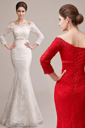 Long Sleeve Off The Shoulder Mermaid Long Lace Dress