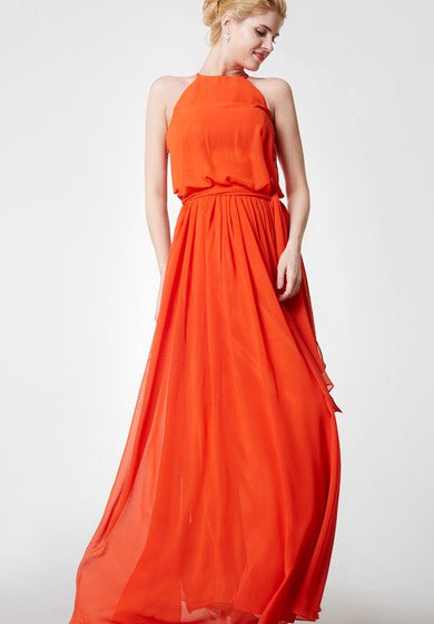 Sleeveless Pleated High Neck Chiffon Dress With Sash