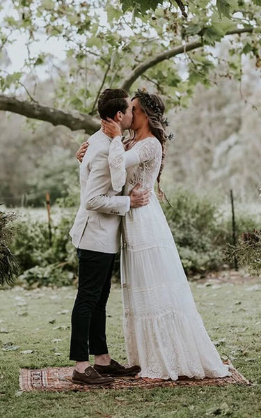 Bohemian Puff-long-sleeve Deep-v Back Lace Sheath Plunged Country Wedding Dress