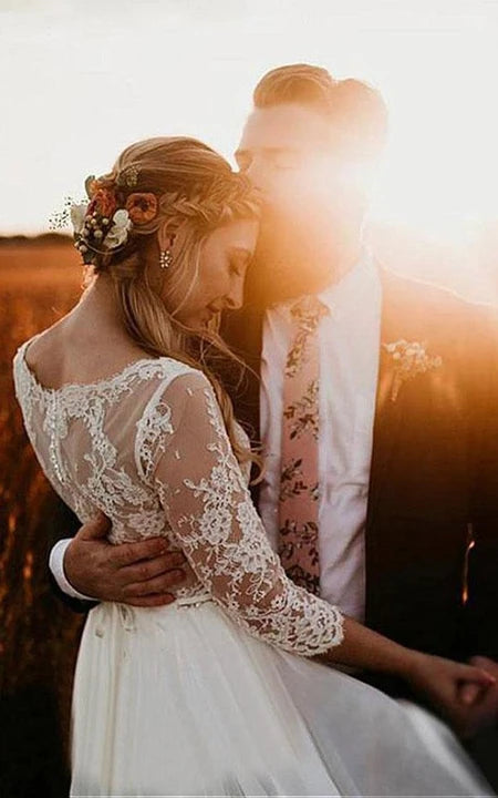 Robe empire fluide en tulle et dentelle à manches longues de style campagnard modeste