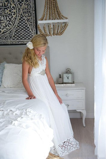 Floor-Length V-neck Boho Ethereal  Sleeveless Empire Petite Dress For Flowergirl