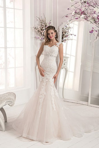 Illusion Back Strap Lace&Tulle Mermaid Dress with Crystal Detailing