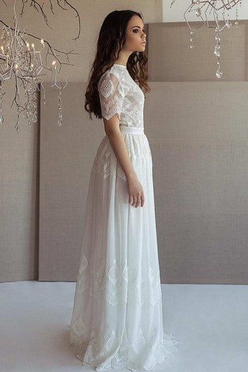 High Neck Half Sleeve Lace Chiffon Wedding Dress With Illusion