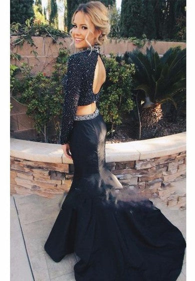 Sexy Beadings Black Two Piece 2018 Evening Dress Long Sleeve Mermaid High Neck