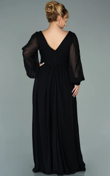 Chiffon V-neck Long Sleeve Front Split Pleated Evning Plus Size Dress