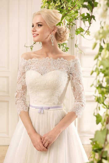 A-Line Floor-Length Off-The-Shoulder 3-4-Sleeve Illusion Tulle Lace Dress With Criss Cross And Pleats