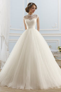 Ball Gown Maxi High-Neck Sleeveless Illusion Tulle Dress With Lace