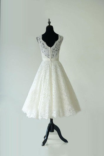 Sleeveless A-Line Tea Length Lace Dress With Low-V Back and Satin Sash