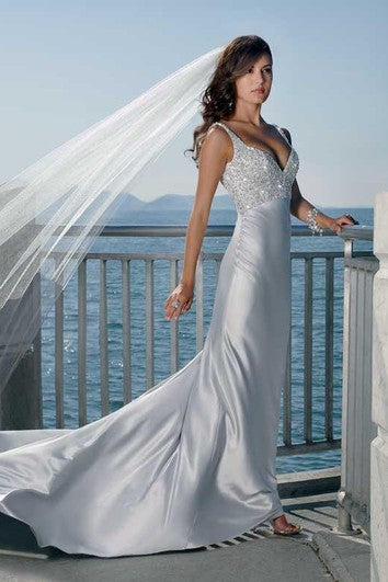 sheath Spaghetti Straps V-neck Elatic Woven Satin Wedding Dress