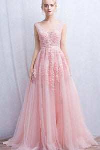 Sleeveless V-neck Long Appliques Tulle Dress