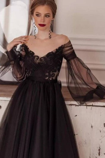 Romantic Ankle-length Long Sleeve Tulle A Line Evening Dress with Appliques