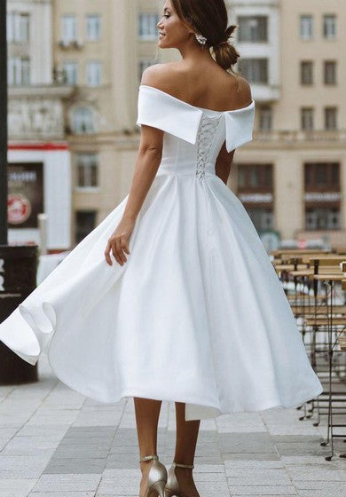 Vintage A Line Off-the-shoulder Satin Tea-length Sleeveless Wedding Dress with Criss Cross and Ruching