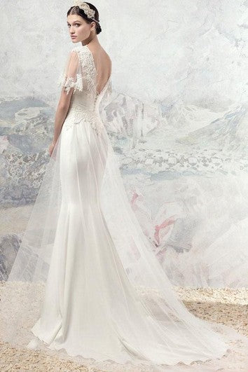 Boho Half Sleeve V-Neck Backless Lace and Tulle Wedding Dress