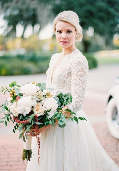 3 4 الأكمام الطويلة مفتوحة الظهر عتيقة لؤلؤي الدانتيل v فساتين الزفاف