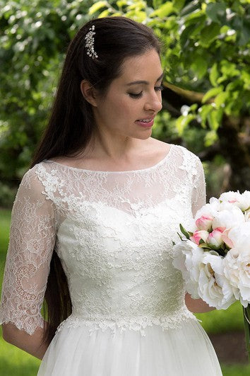 Half Sleeve Lace and Tulle Dress With Bateau Neckline and Illusion Back