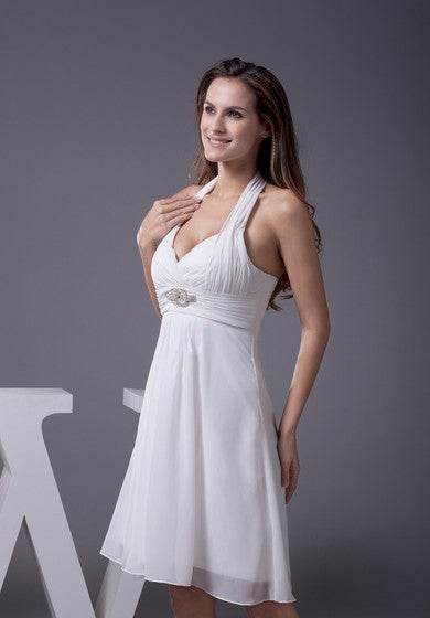 Knee Length Sleeveless Halter A-Line Dress With Ruching and Beadings