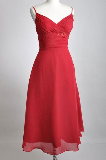Tea-length V-Neckline A-line Chiffon Bridesmaid Dress With Spaghette Straps