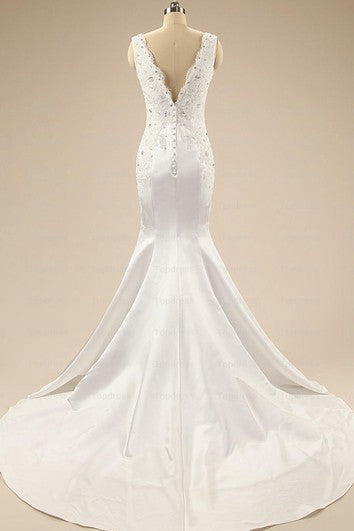 Mořská panna dlouhé šaty s výstřihem do V, korálkováním, odhalenými zády, krajkou a saténem