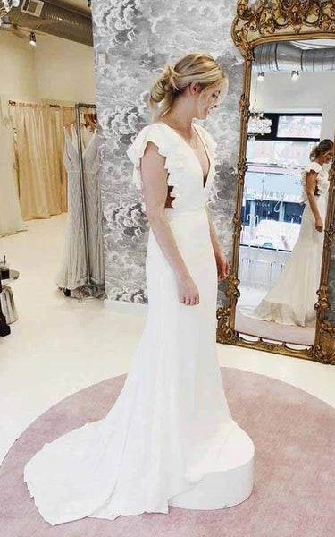 Simple Plunged Cascading Sheath Solid Wedding Dress