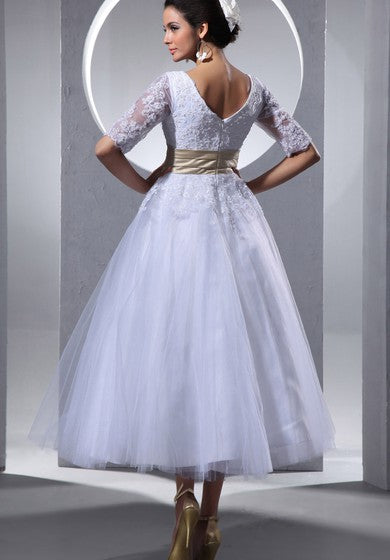 Half-Sleeve V-Neck Tea-Length Dress With Tulle Overlay