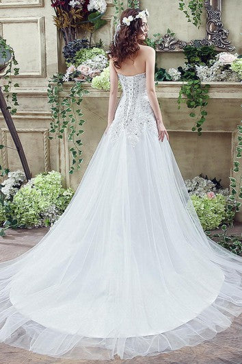 Glamorous Sequined Lace Tulle Wedding Dress Court Train Lace-up