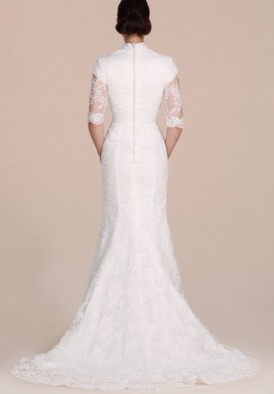 Half-sleeved Lace Gown With Illusion Sleeves