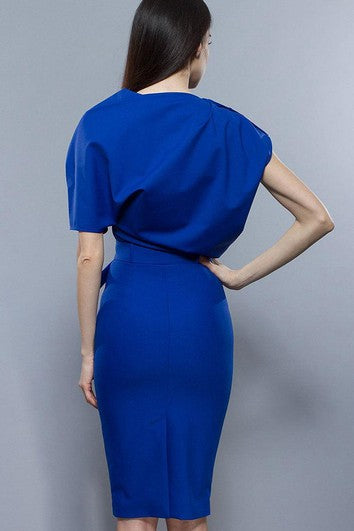 Oversize Top Sheath Jersey Knee Length Dress With Belt Royal Blue