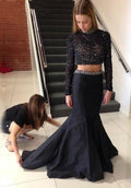 Sexy korálkované černé dvoudílné večerní šaty 2018 s dlouhým rukávem, mořská panna, vysoký límec