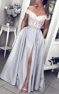 Front Split Two-Tone Lace Off-the-shoulder A-line Floor-length Formal Evening Dress