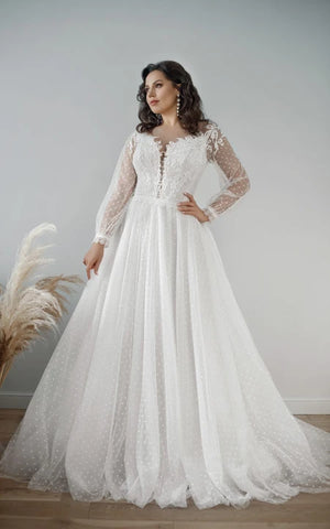 Lace and Tulle Illusion Long Sleeve V-neck Plus Size Wedding Dress