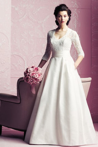 A-Line 3-4-Sleeved Elegant Dress With Lace Bodice