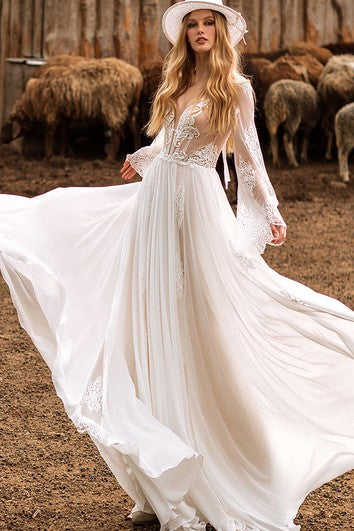 Bohemian A Line Tulle Floor-length Long Sleeve Open Back Wedding Dress with Ruching