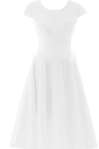 Short Sleeve Ruched Sash Midi-length Pleated Chiffon Dress