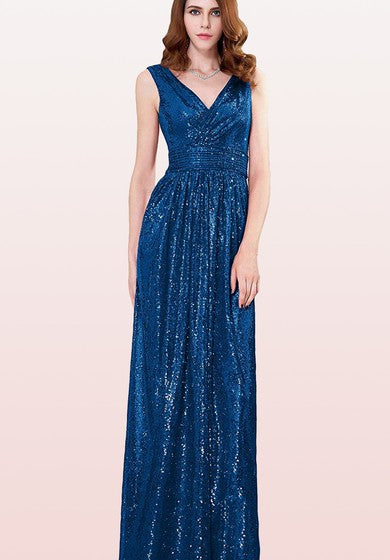 V-neck A Line Sleeveless Floor-length Sequins Bridesmaid Dress With Ruching