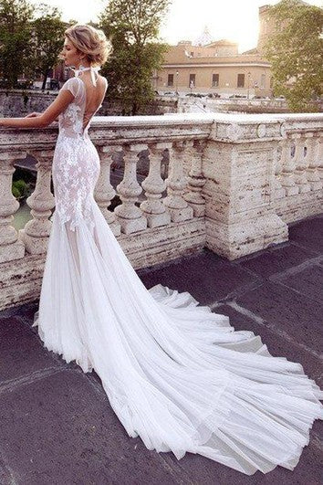 Gossamery Cap-Sleeve Illusion Tulle Wedding Dress With Lace And Court Train