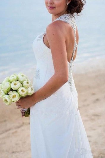 Vintage Beach V Neck Beaded Backless Front Split Sheath Bridal Gown