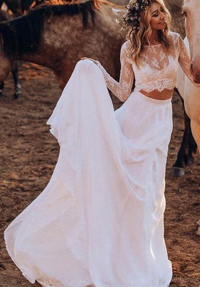 Country/Western Two Piece Bateau-Neck Long Sleeve Chiffon Lace Boho Illusion Beach Wedding Dress