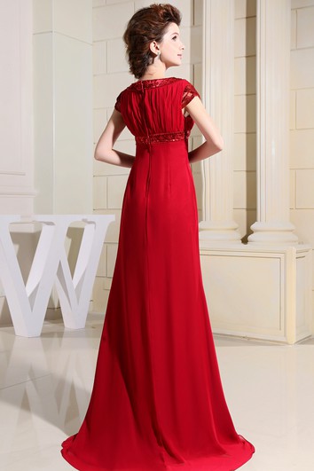 Chiffon Short-Sleeve Floor-Length Dress With Beading and Ruching