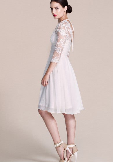 3-4 Sleeved V-neck Knee-length Dress With Lace