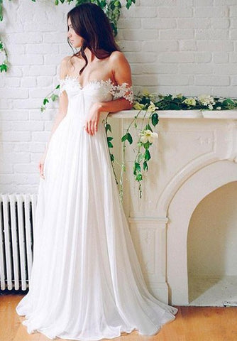 Beach Chiffon A line Floor Length Off-Shoulder Bridal Gown With Pleats