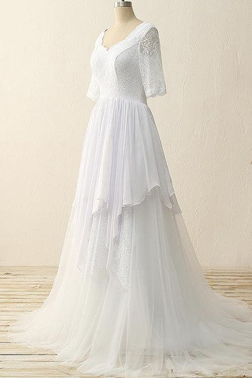 Half Sleeve Sweep Train Zipper Chiffon Tulle Lace Satin Dress