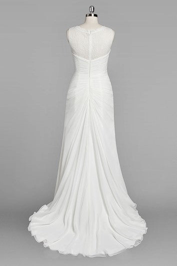 V-Neck Sleeveless Sheath Chiffon Wedding Dress With Ruching and Split Side