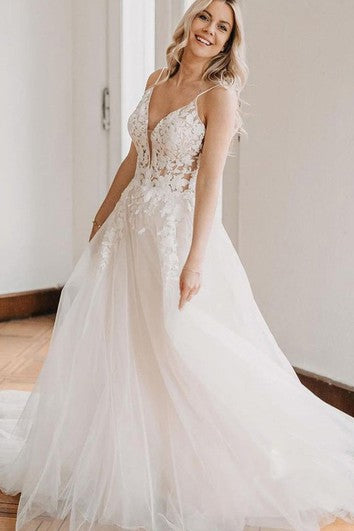 Bohemian Spaghetti V-neck A Line Ball Gown Floor-length Sleeveless Wedding Dress With Appliques