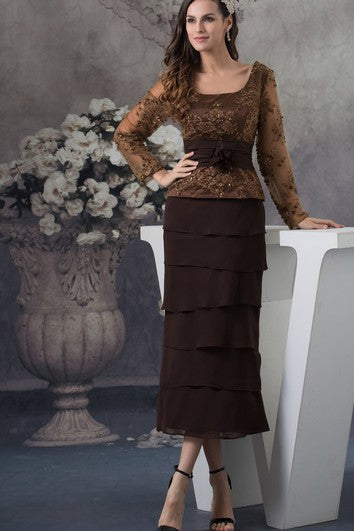 Classic Long-Sleeve Ankle-Length Square-Neck Appliques and Dress With Tiers