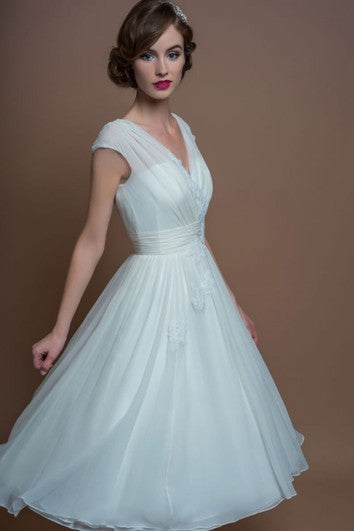 A-Line V-Neck Tea-Length Cap-Sleeve Appliqued Tulle Wedding Dress With Ruching