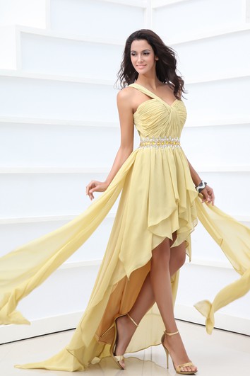 High-Low Chiffon One-Shoulder Dress With Ruching