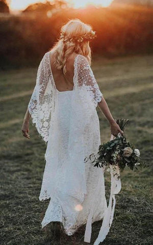 Boho Long Poet Sleeve Lace Front Split Sheath Spaghetti Wedding Dress