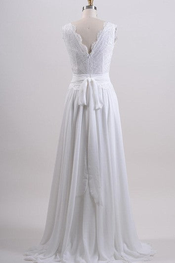 Chiffon and Lace Sleeveless V-Neck Dress With Pleated Skirt and Back Bow